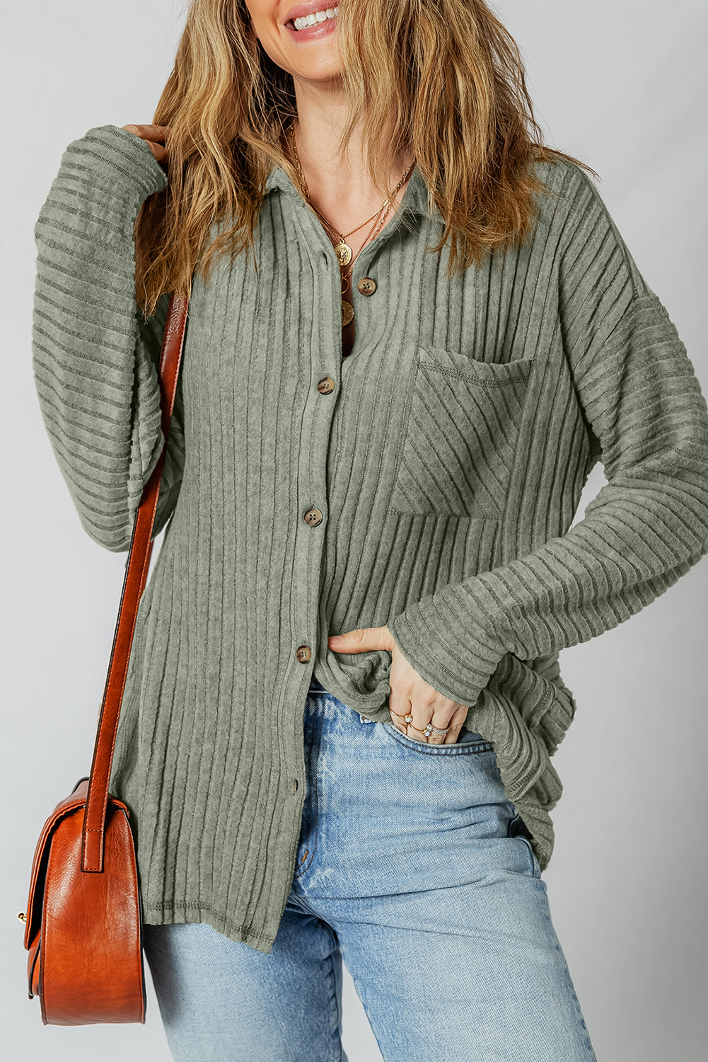 Thermal Ribbed Texture Drop Shoulder Button-Up Shacket for Women