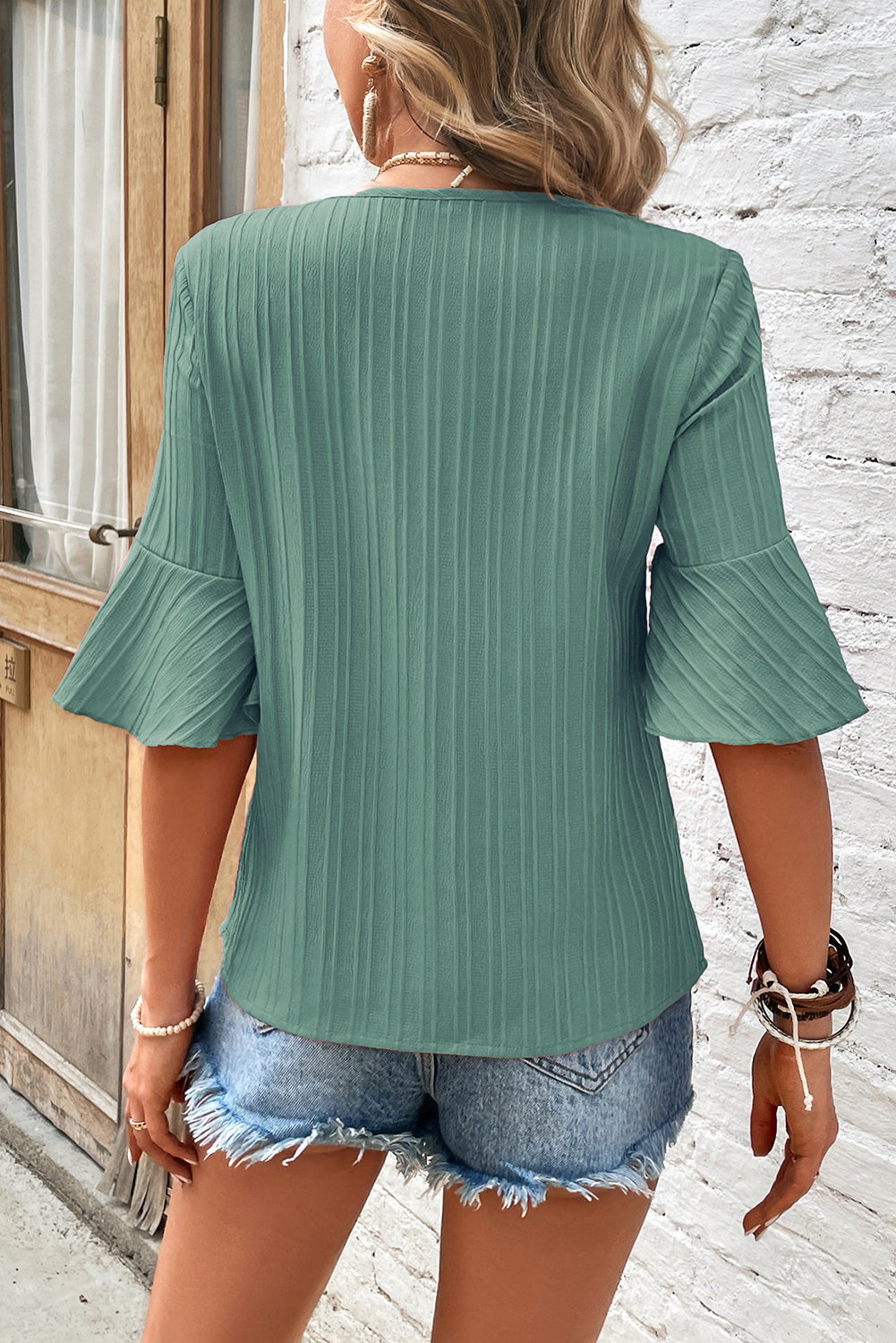 Ruffled Half Sleeve V Neck Textured Women's Top