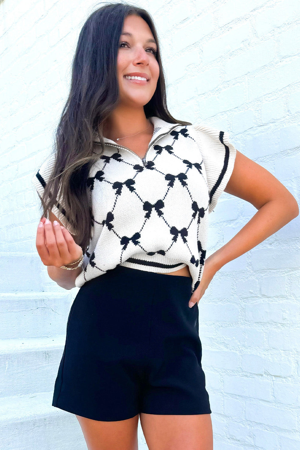 Preppy Bow Print Zipped Collar Sweater Tee with Long Sleeves