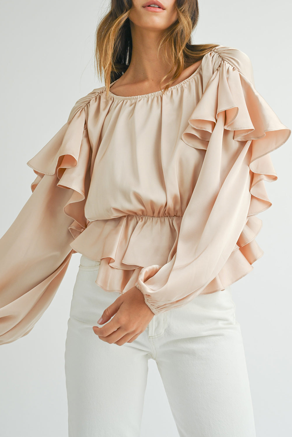 Lace-Up Keyhole Back Ruffled Peplum Blouse for Women