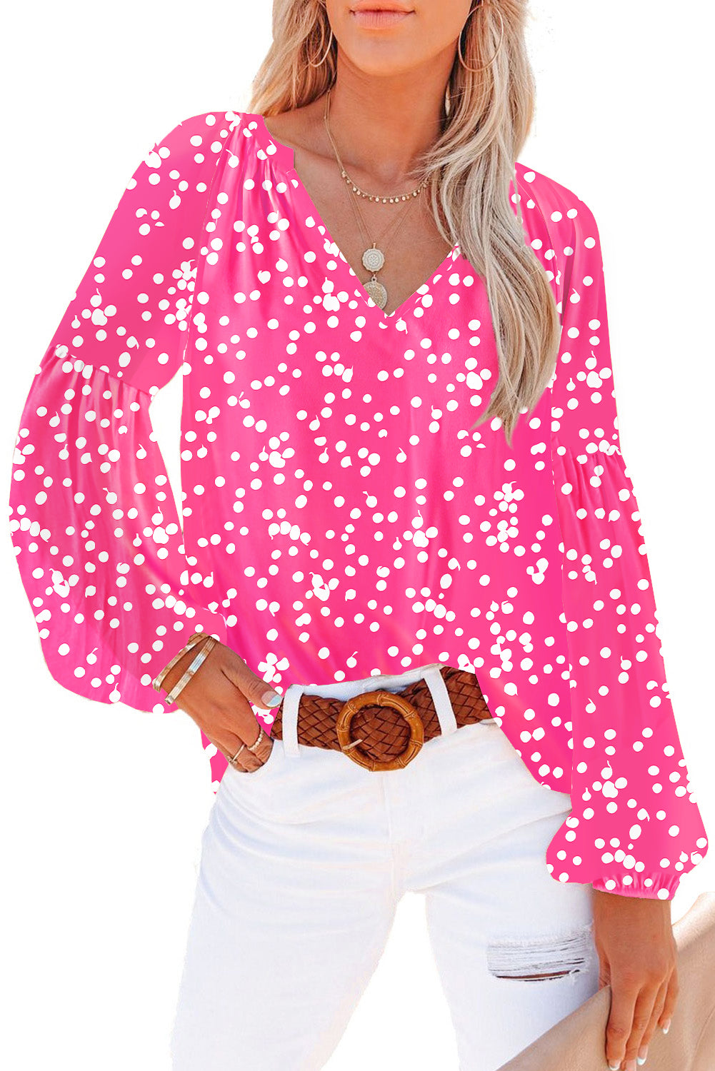 Floral Print V Neck Long Puff Sleeve Blouse for Women