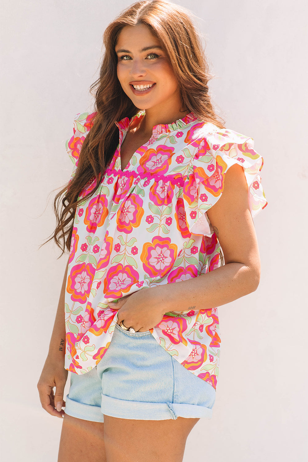 Ruffled Sleeve Ric-Rac Trim Split Neck Loose Floral Blouse