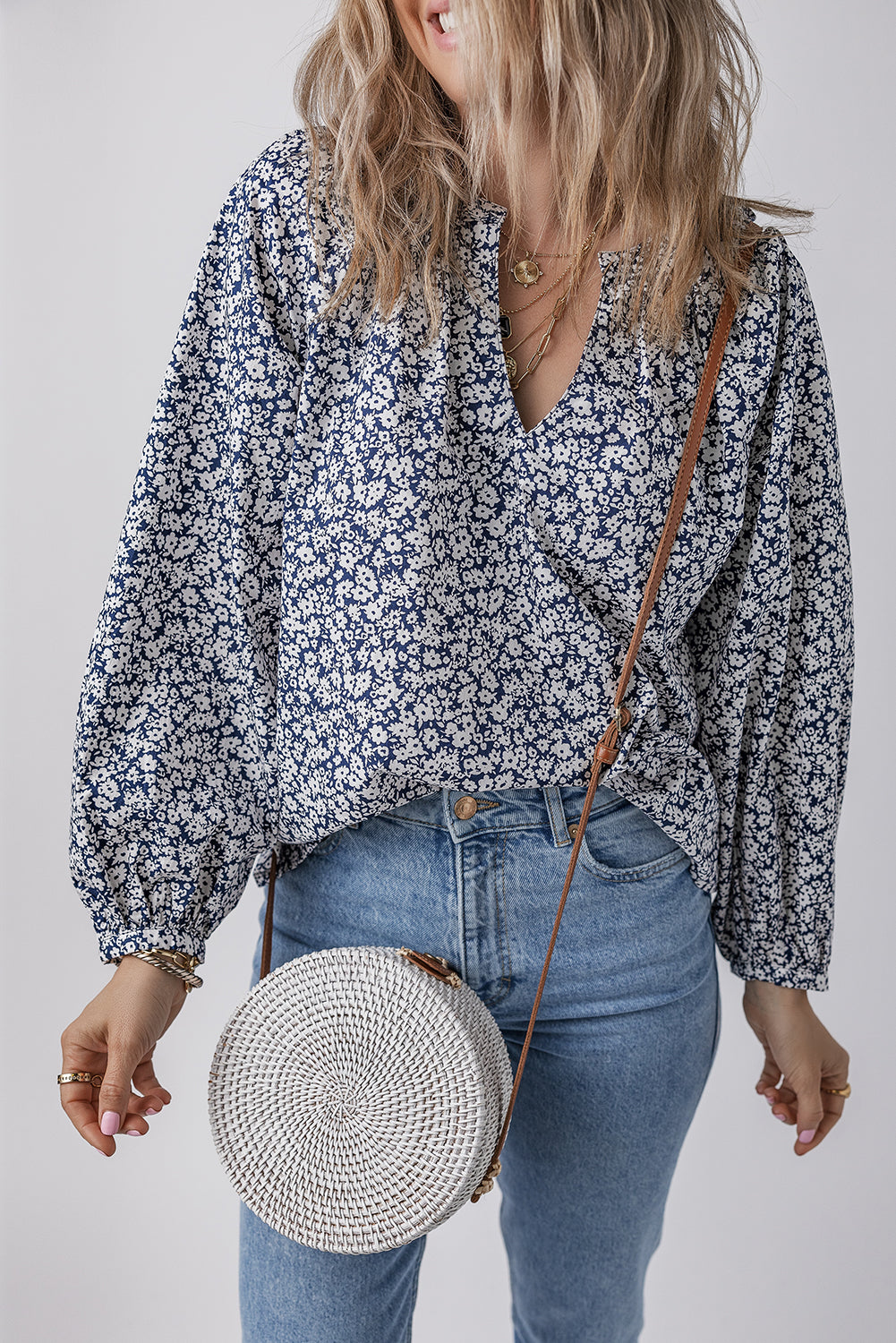 Floral Print Notched V Neck Puff Sleeve Blouse for Women