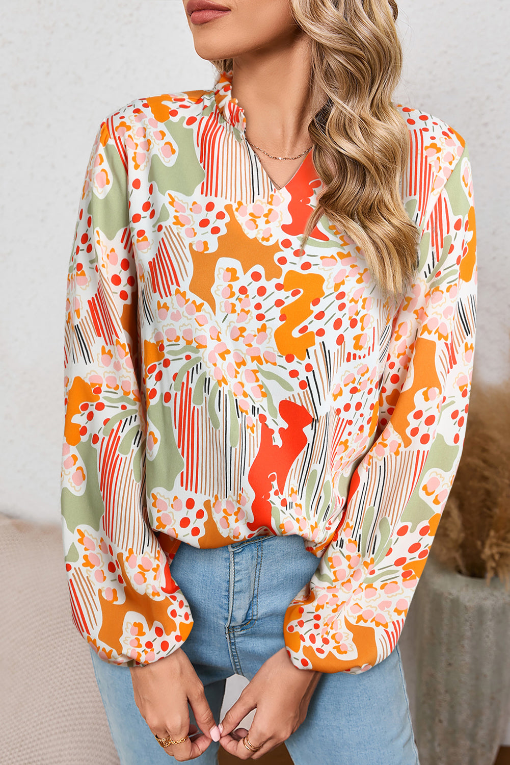 Printed Split V Neck Puff Sleeve Blouse for Women