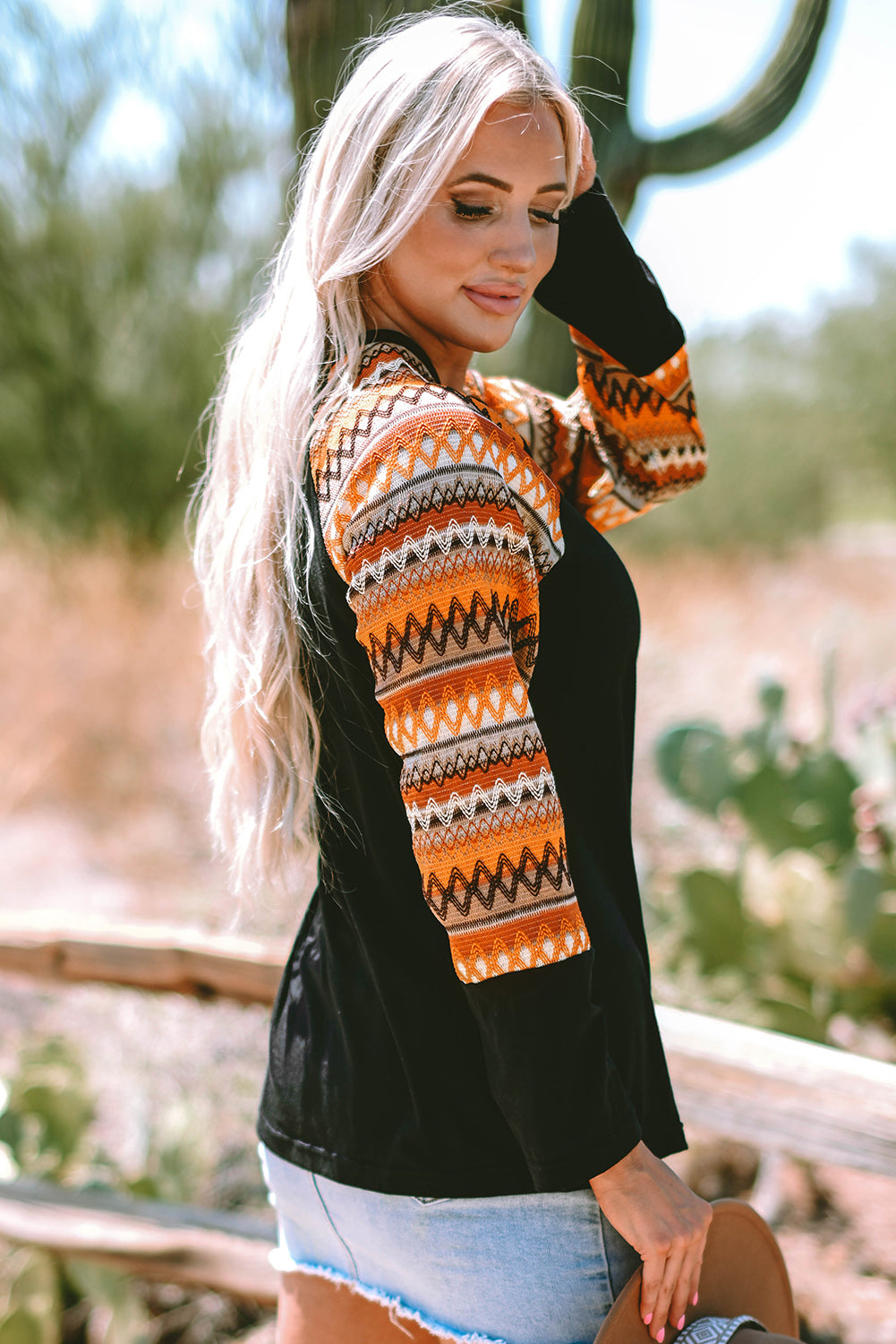 Geo Print Raglan Sleeve Patchwork Long Sleeve Tee for Women