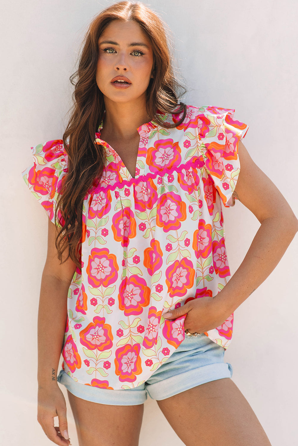 Ruffled Sleeve Ric-Rac Trim Split Neck Loose Floral Blouse