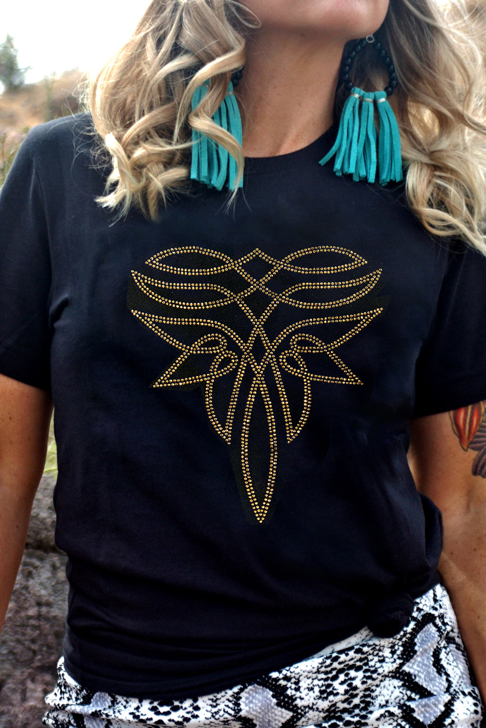 Western Pattern Rhinestone Cotton Blend Graphic T-Shirt for Women