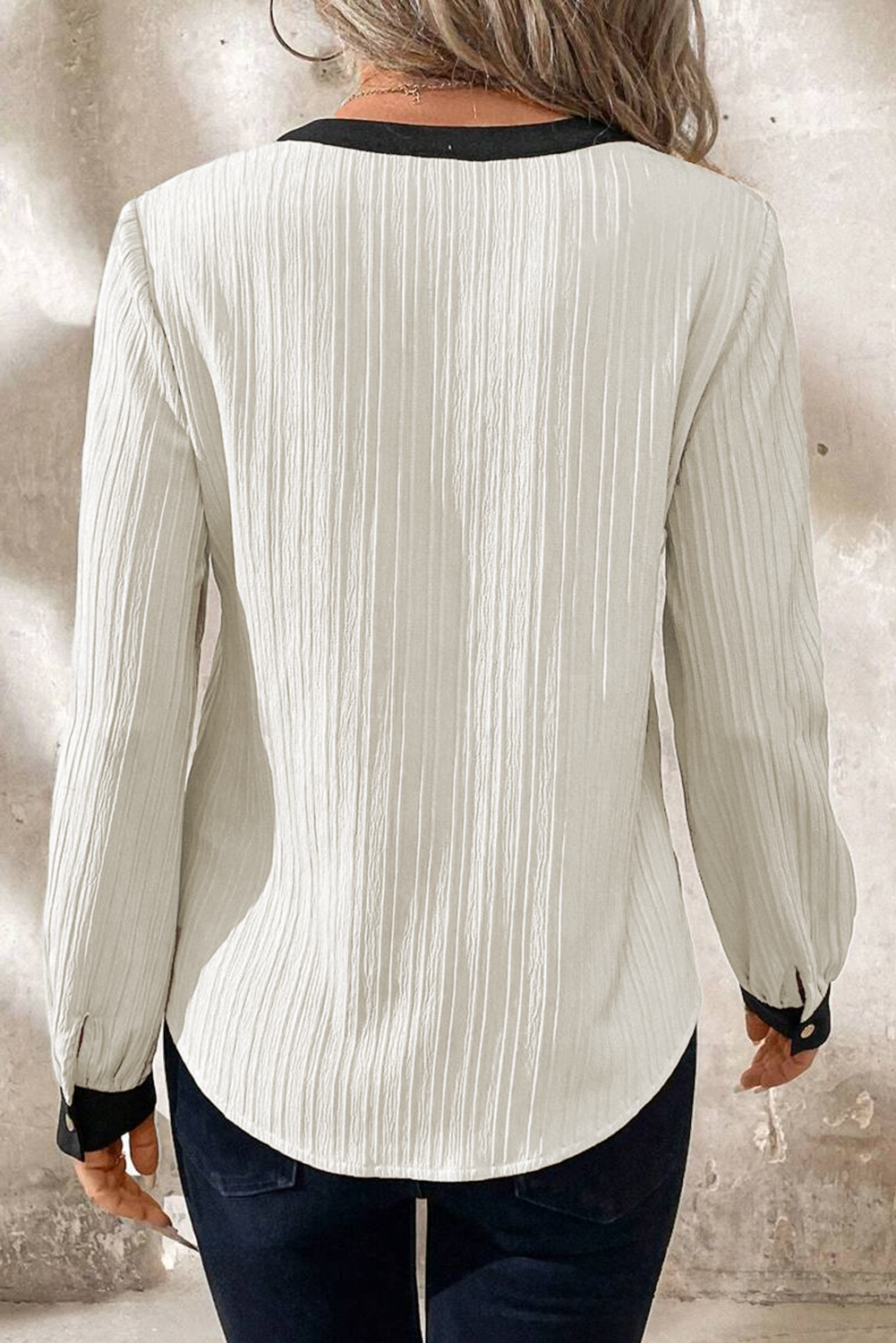 Textured Colorblock V Neck Elegant Blouse for Women