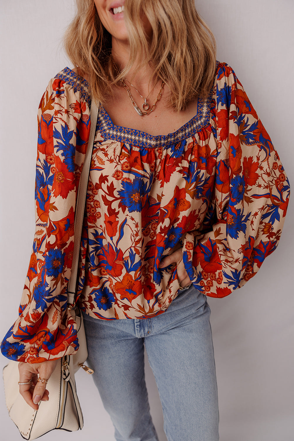 Floral Print Square Neck Backless Loose Fit Blouse for Women