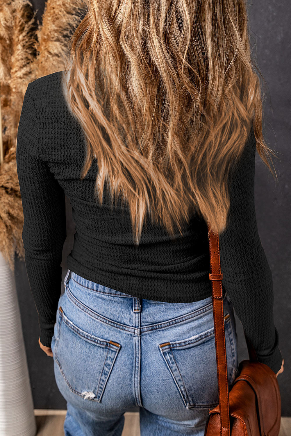 Textured Twist Front V Neck Long Sleeve Slim Fit Solid Color Top