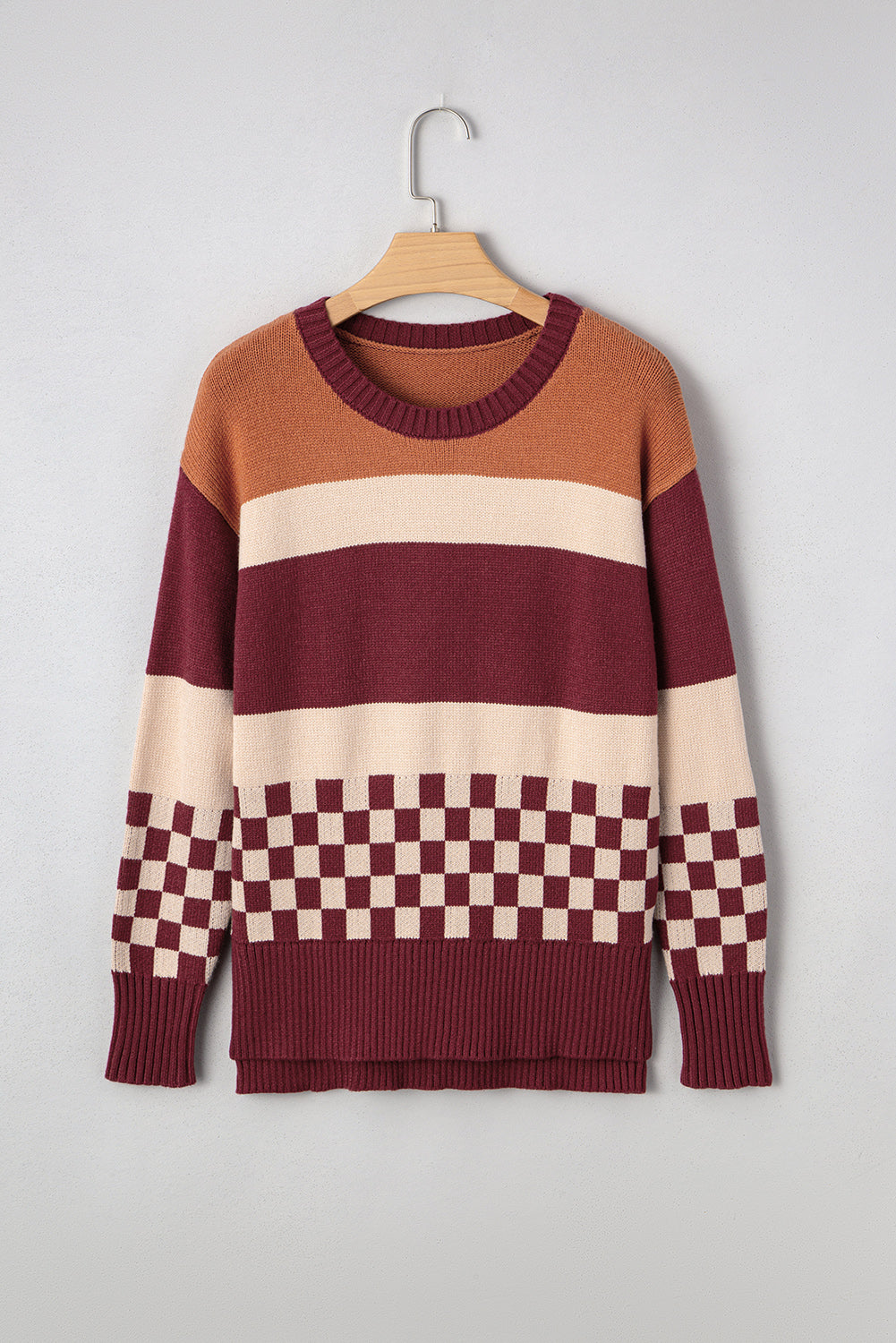Knitted Checkered Color Block Drop Shoulder Sweater