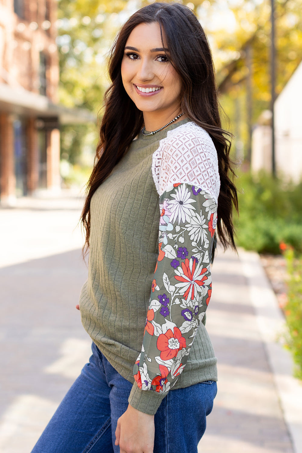 Long Sleeve Ribbed Blouse with Floral Patchwork Detail