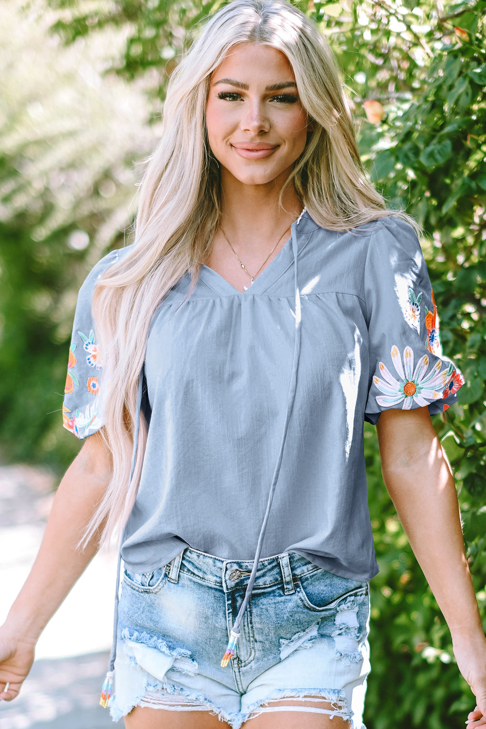 Floral Embroidered Puff Sleeve Split Neck Blouse for Women
