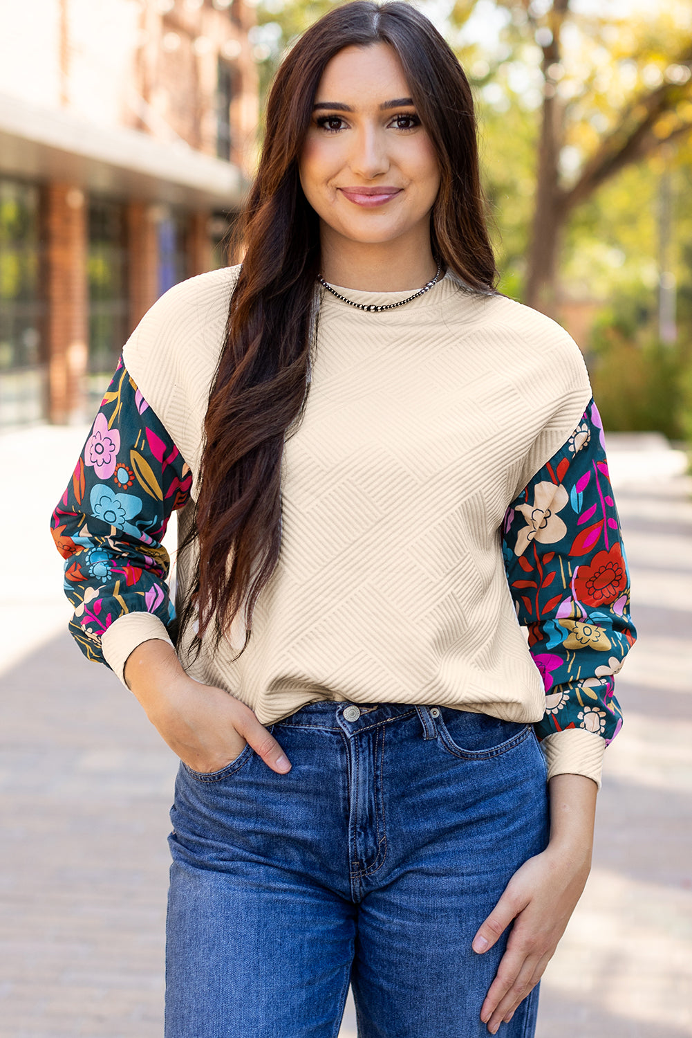 Textured Drop Shoulder Knit Top with Contrast Floral Sleeves