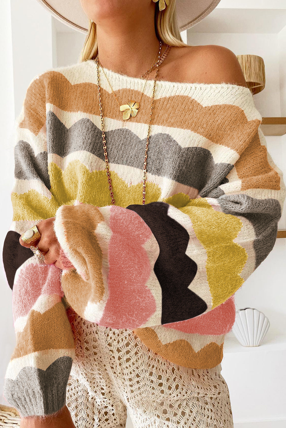 Balloon Sleeve Drop Shoulder Striped Knit Pullover Sweater for Women
