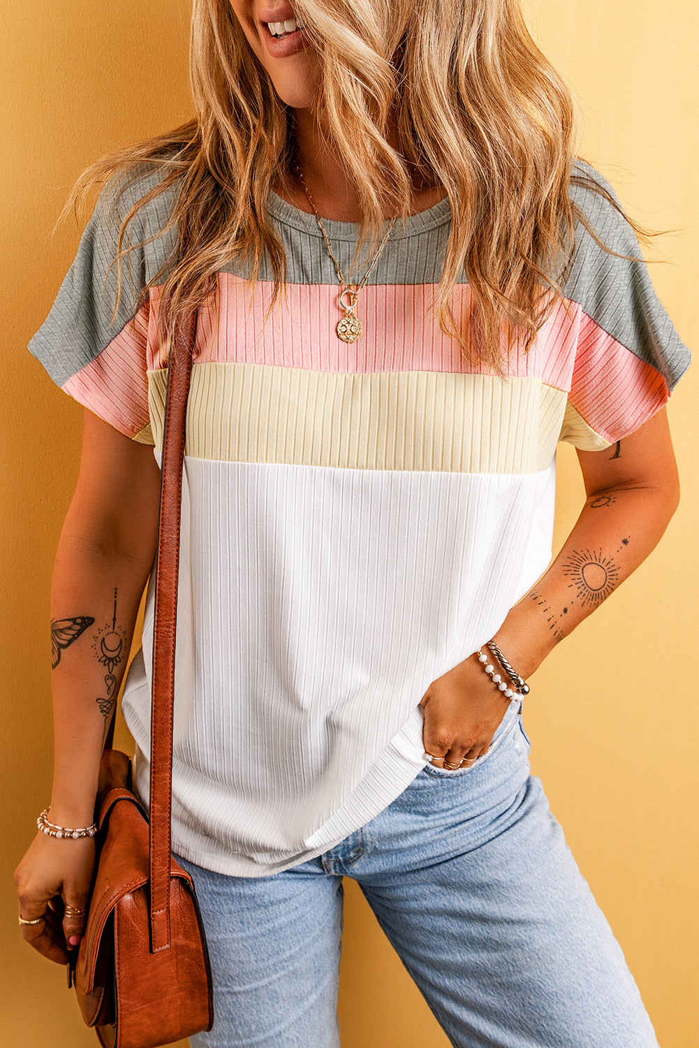 Ribbed Color Block Patchwork Women's T-Shirt Slim Fit Short Sleeve
