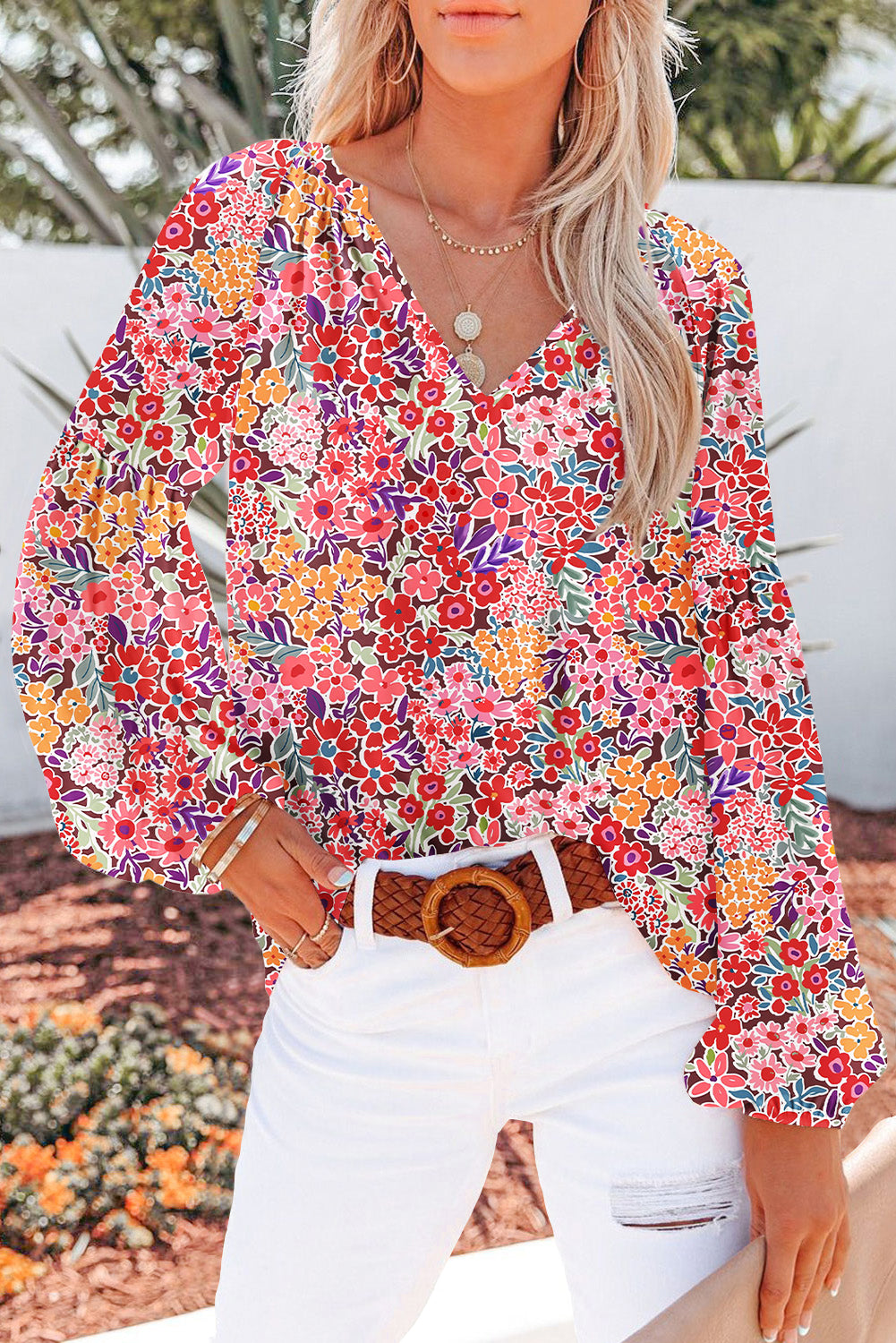 Floral Print V Neck Long Puff Sleeve Blouse for Women
