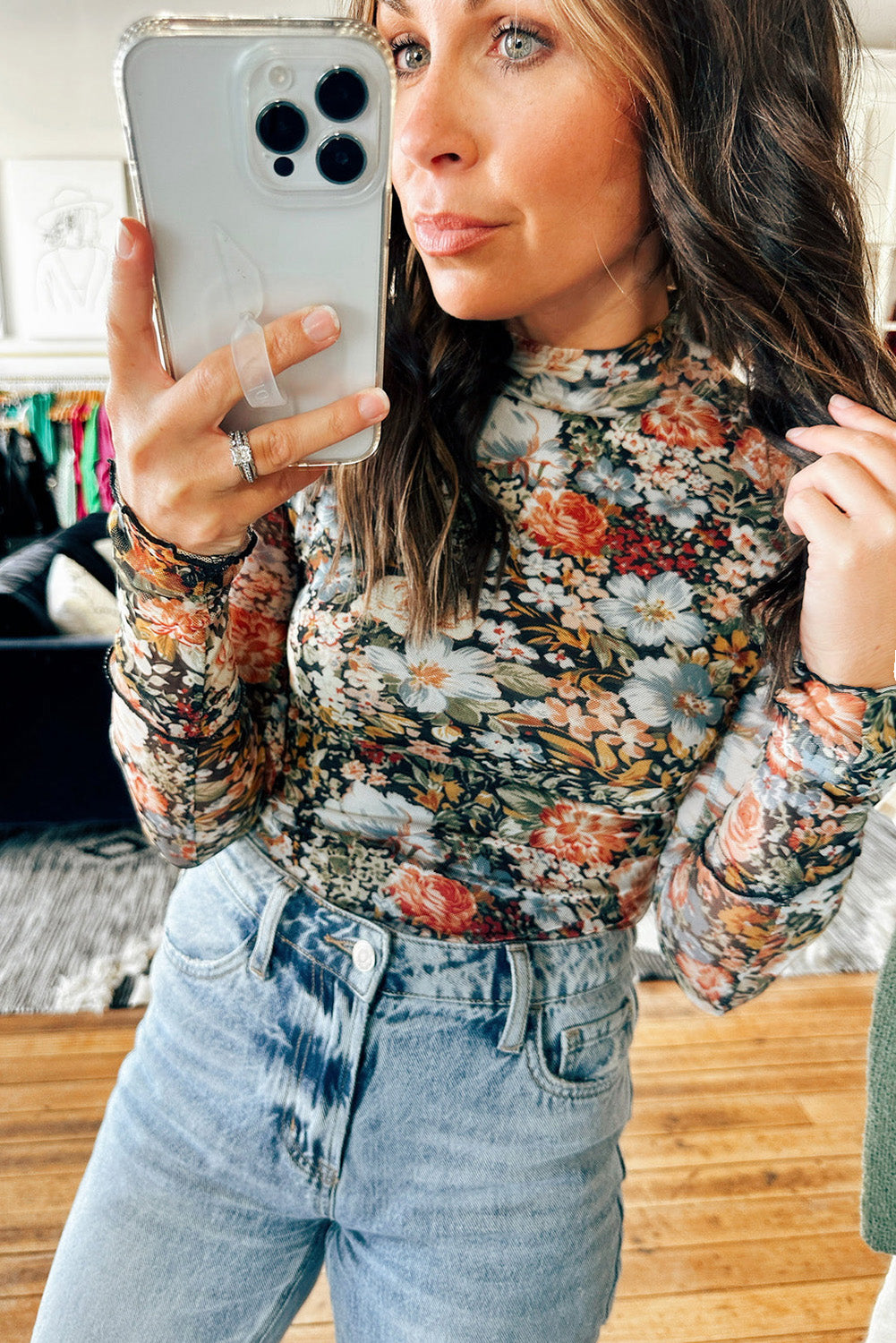 Long Sleeve High Neck Sheath Mesh Floral Blouse
