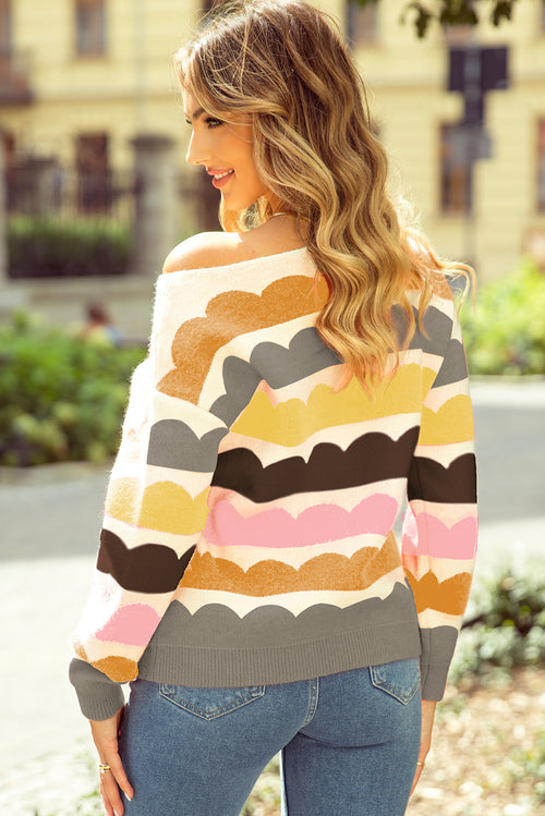 Balloon Sleeve Drop Shoulder Striped Knit Pullover Sweater for Women