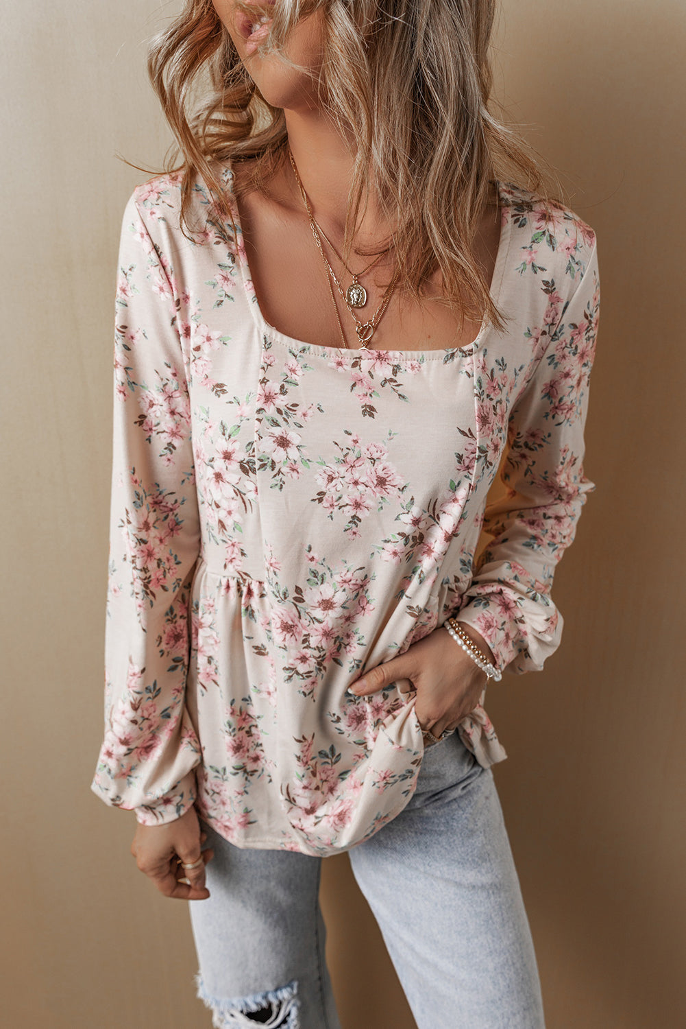Floral Print Pleated U-Neck Loose Fit Blouse for Women