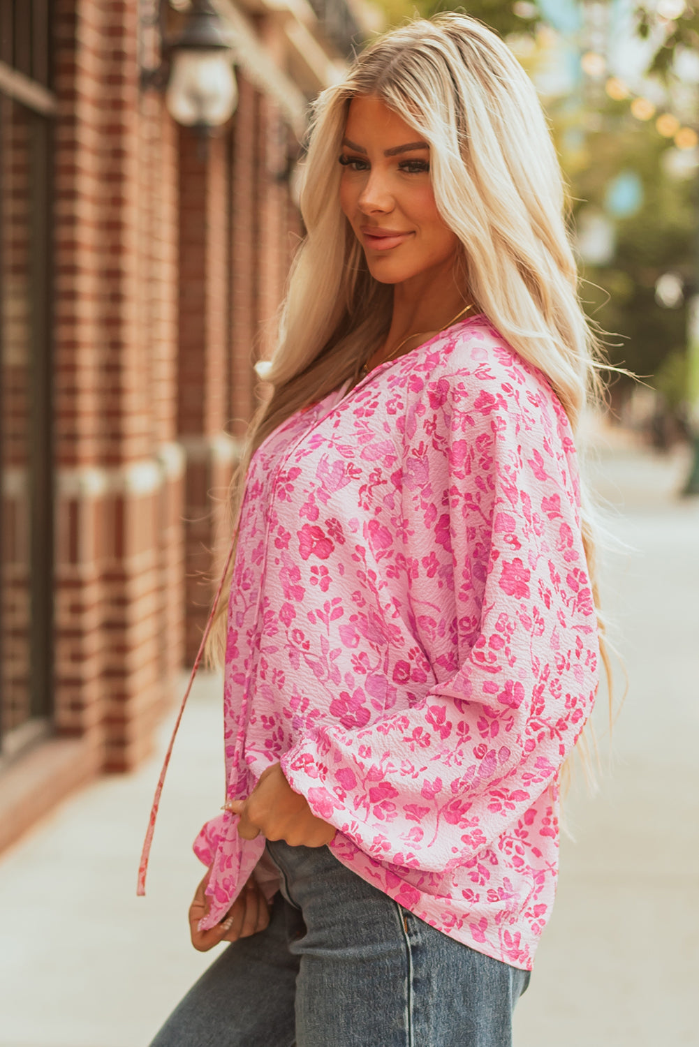Lightweight Floral Puff Sleeve Split Neck Blouse