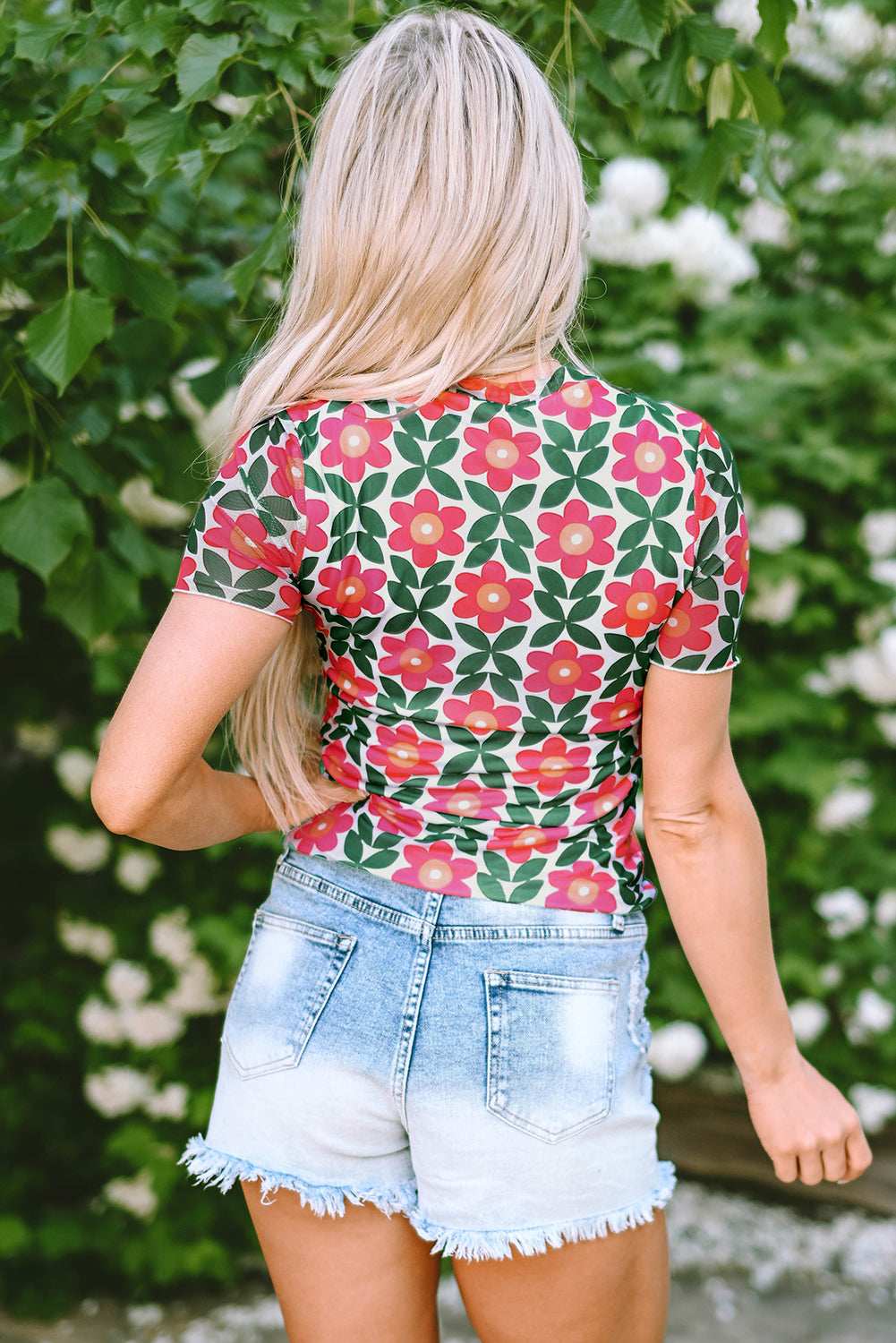 Retro Floral Print Crew Neck Women's T-Shirt with Short Sleeves