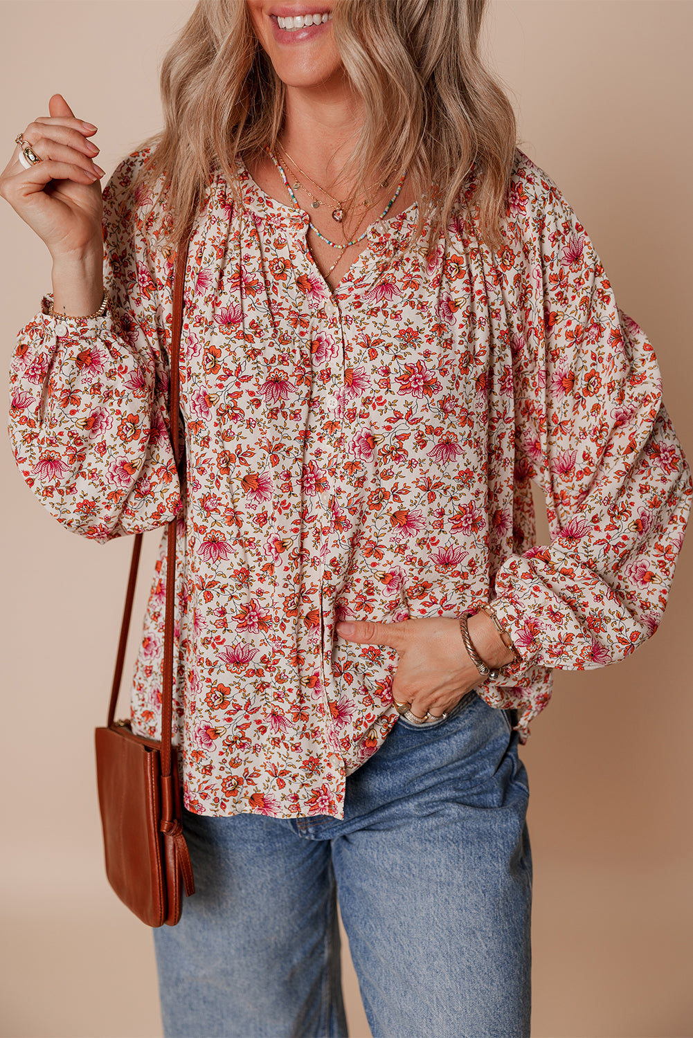 Floral Print Pleated Notched Neck Puff Sleeve Blouse