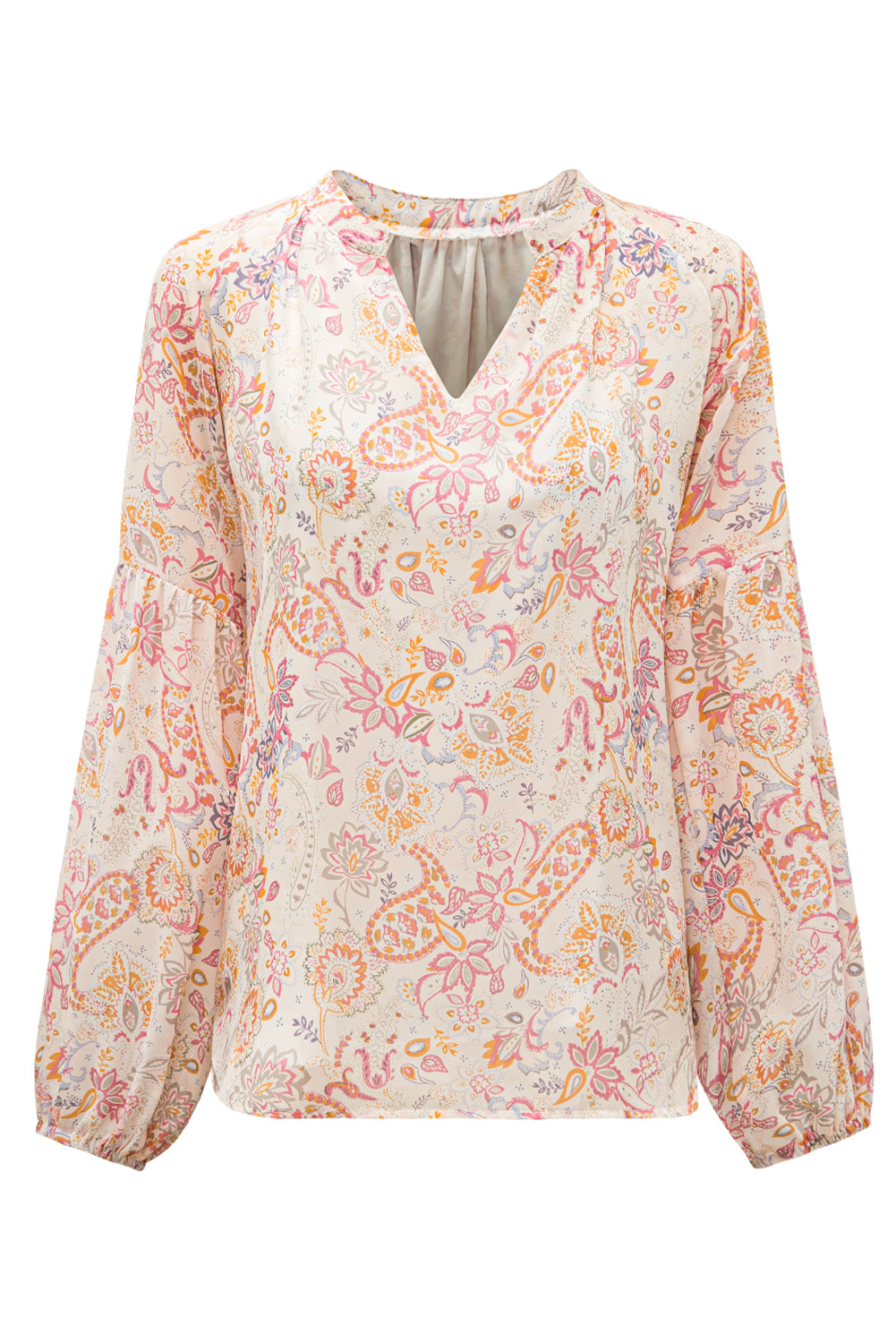 Floral Print V Neck Long Puff Sleeve Blouse for Women