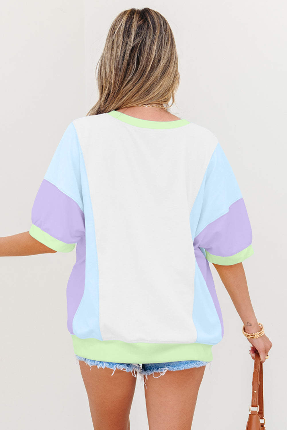 Oversized Color Block Patchwork Half Sleeve T-Shirt for Women