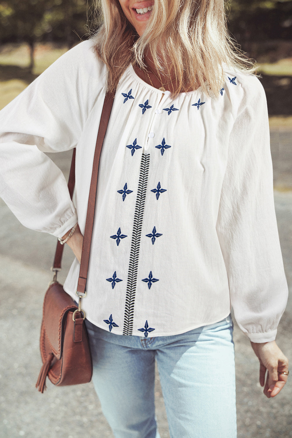 Geometric Embroidered Long Sleeve Button-Up Blouse for Women