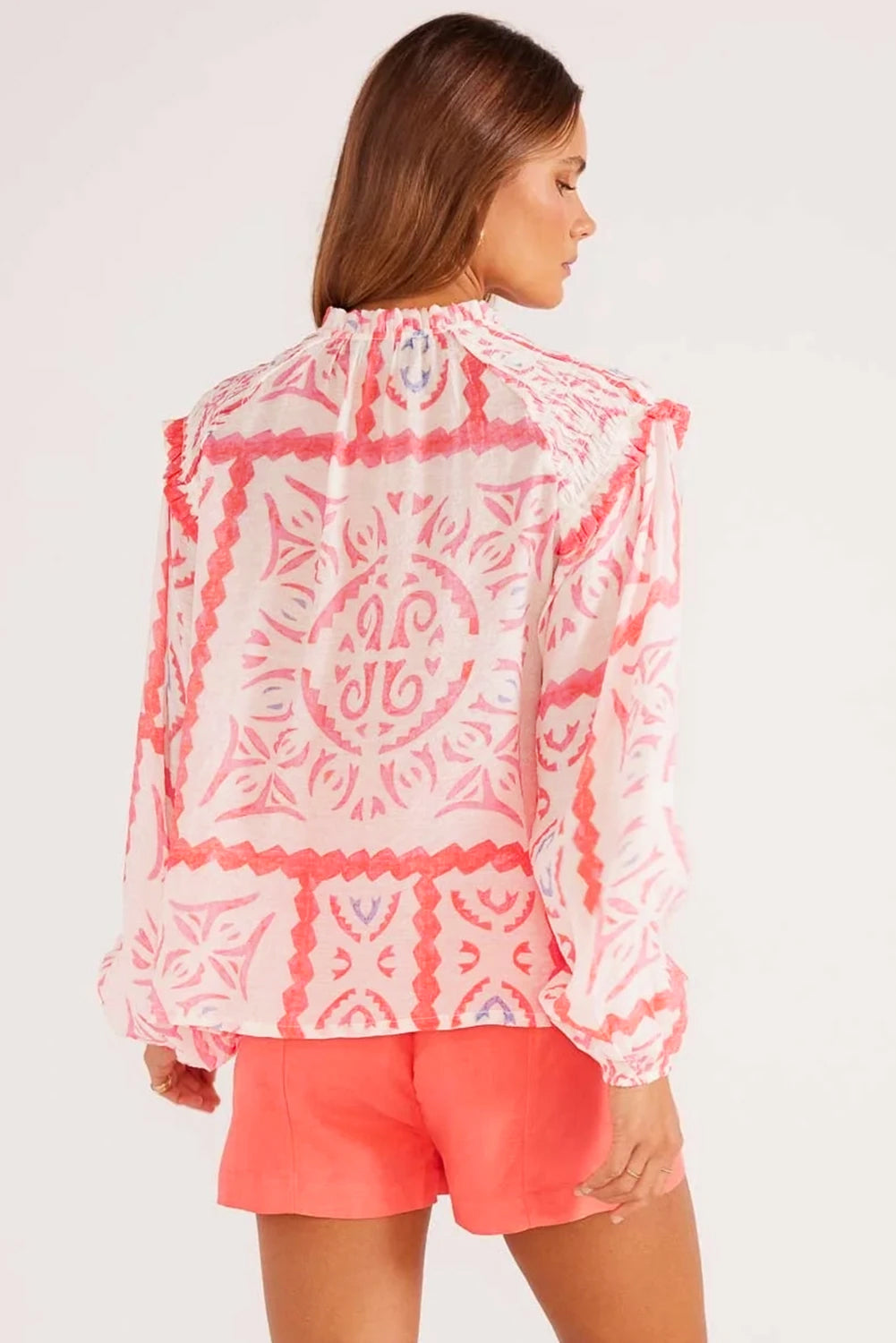 Vintage Print Smocked Poet Collar Blouson Sleeve Blouse