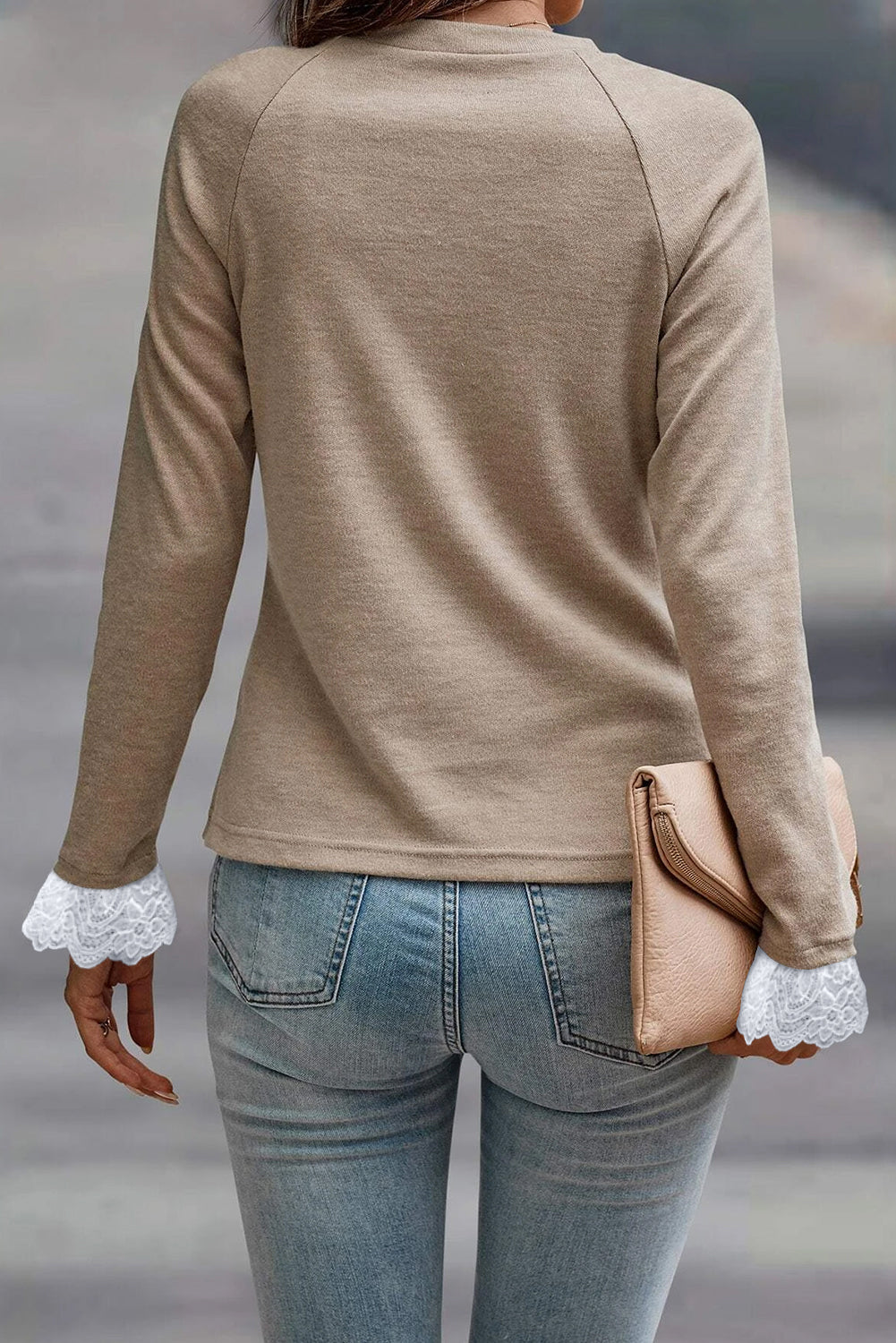 Seam Detail Lace Contrast Cuffs Raglan Sleeve Women's Top