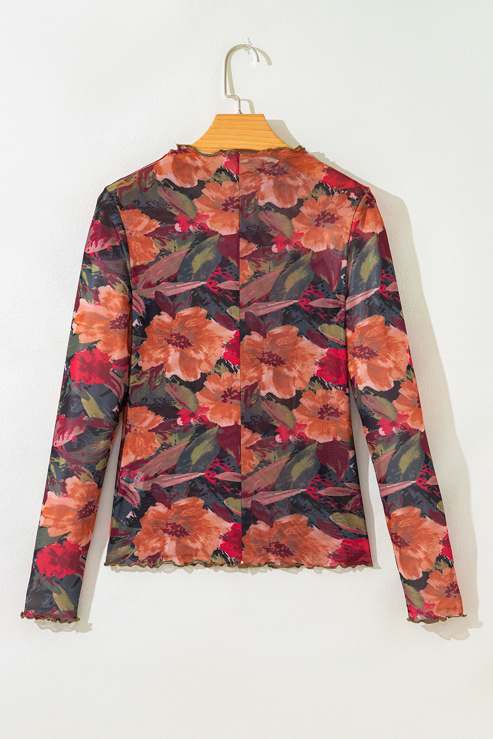 Long Sleeve Floral Print Mesh Top with Lettuce Trim