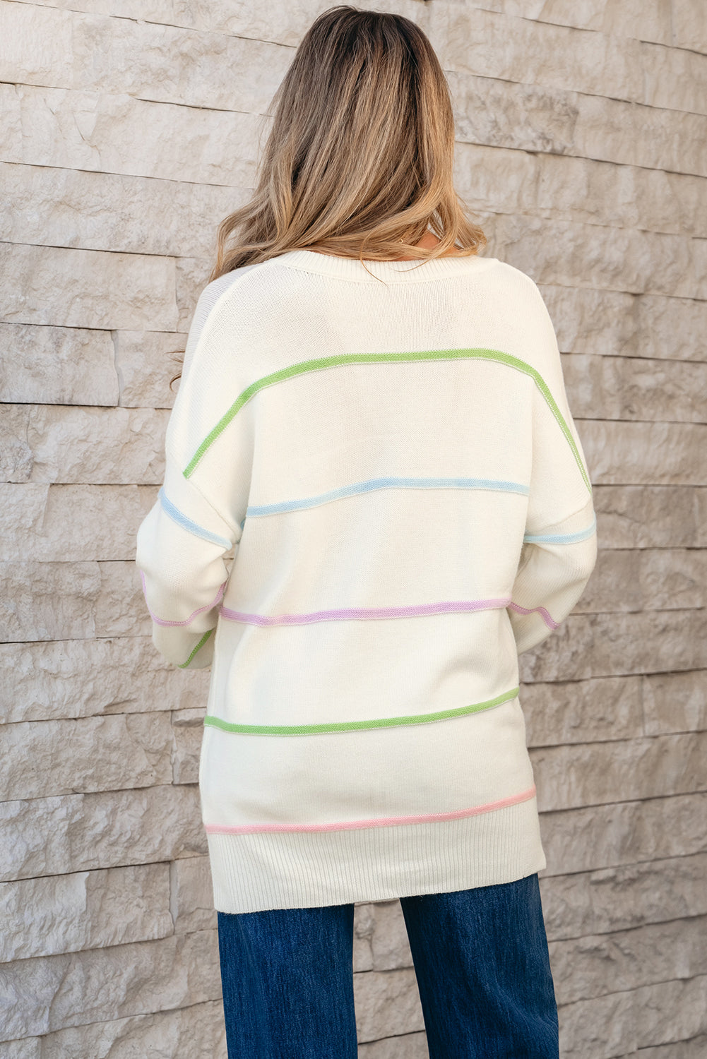 Baggy Henley Sweater with Rainbow Stripes and Drop Shoulder