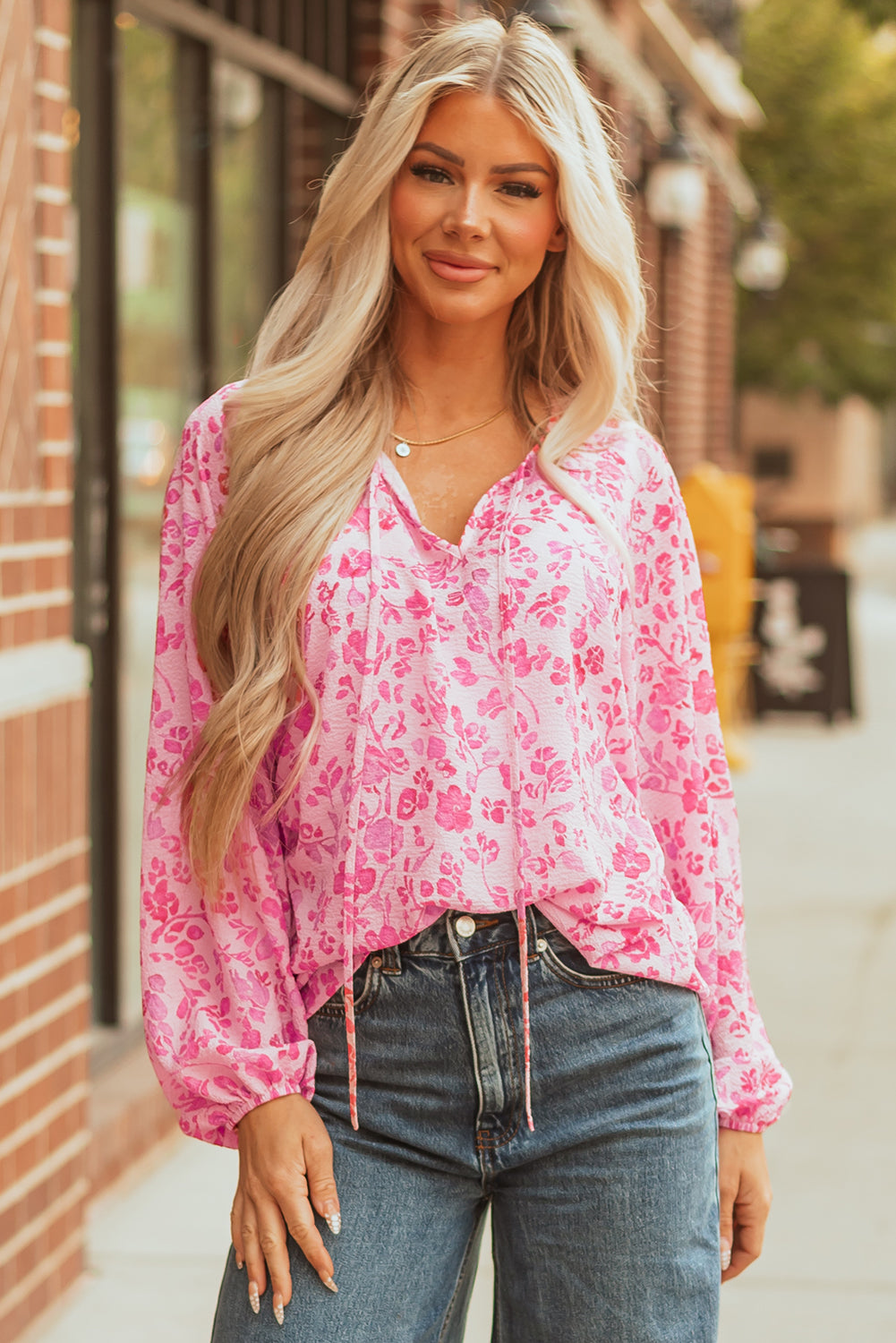 Lightweight Floral Puff Sleeve Split Neck Blouse