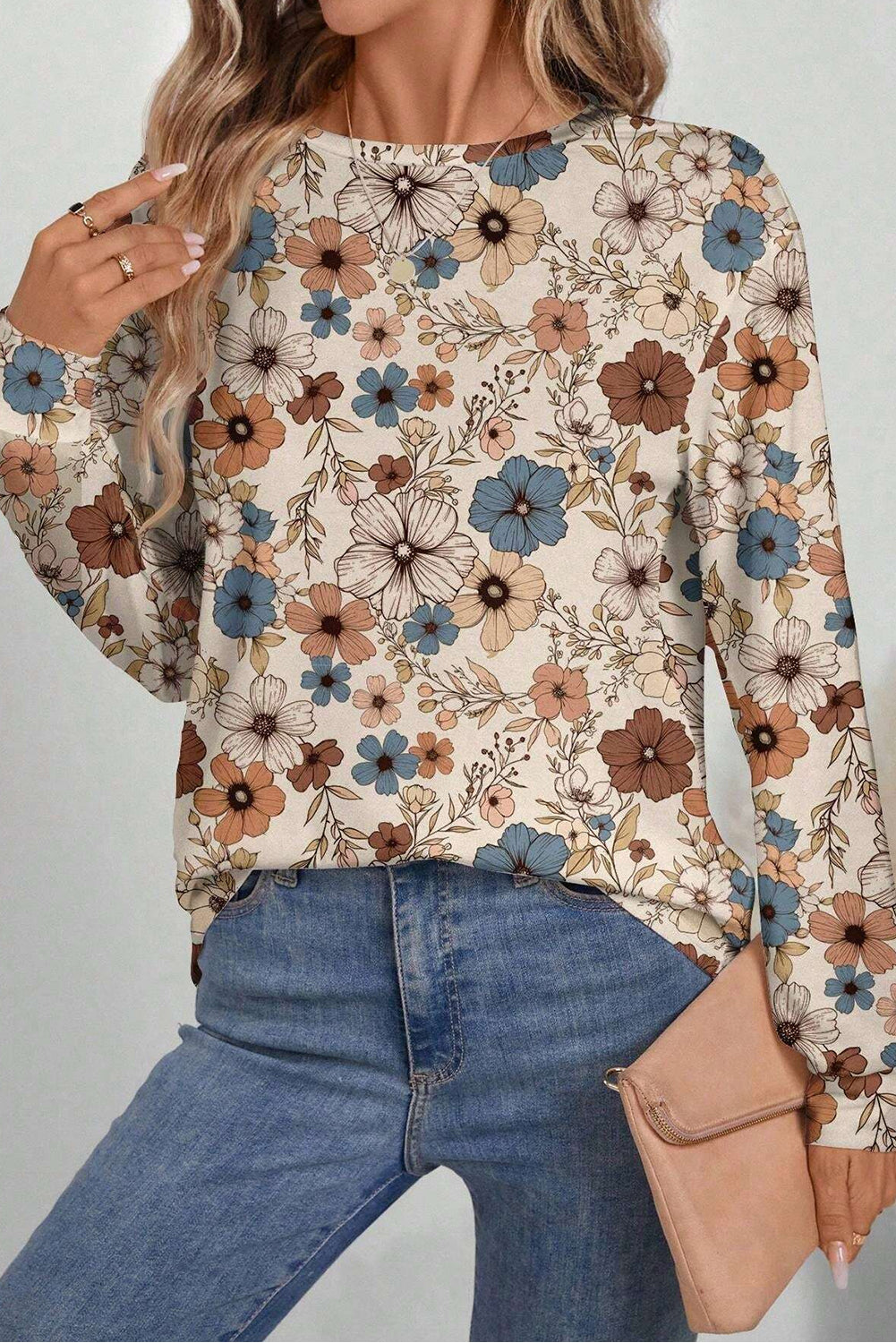 Floral Print Loose Fit Crew Neck Long Sleeve T-Shirt for Women