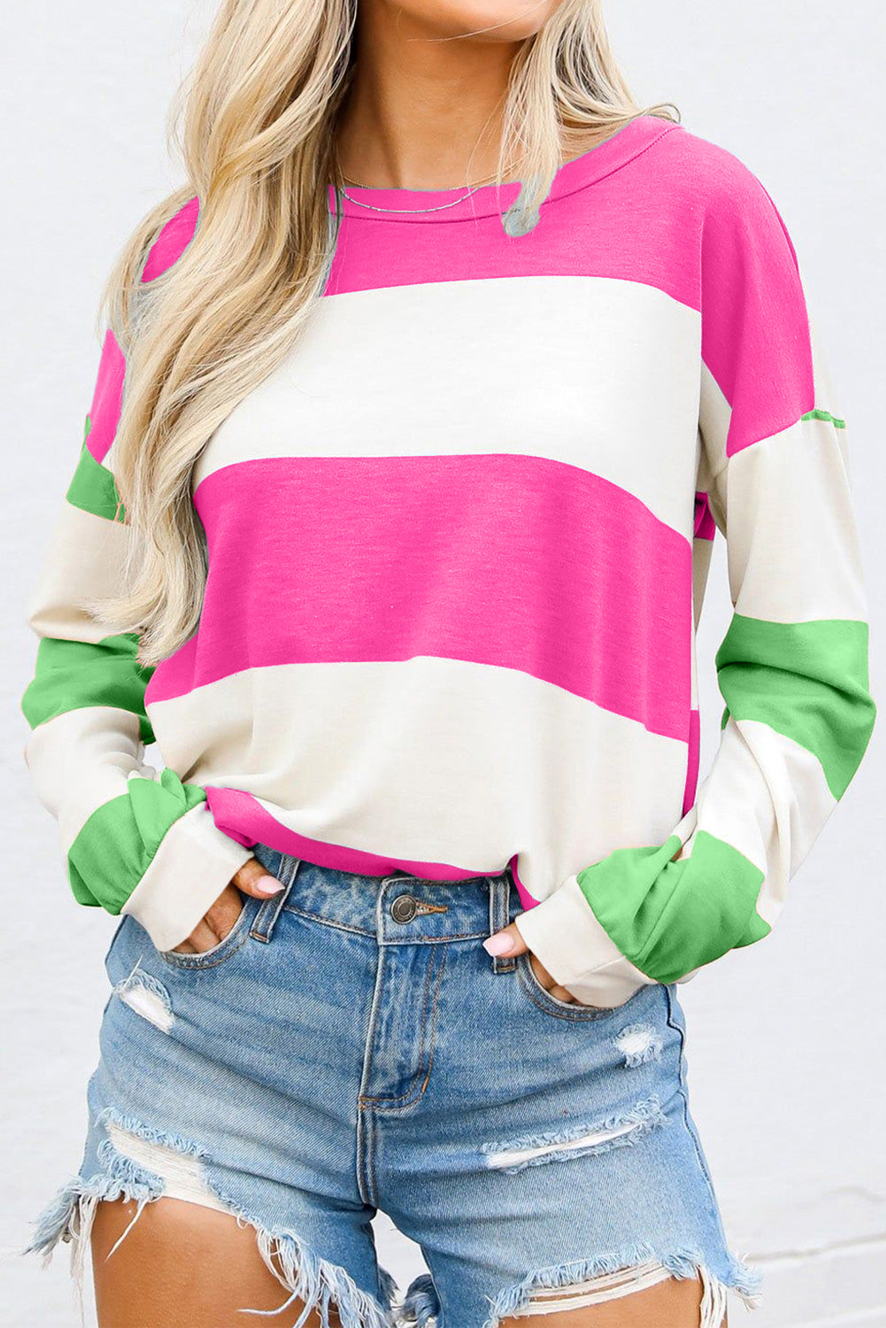 Striped Colorblock Drop Shoulder Long Sleeve Women's Top