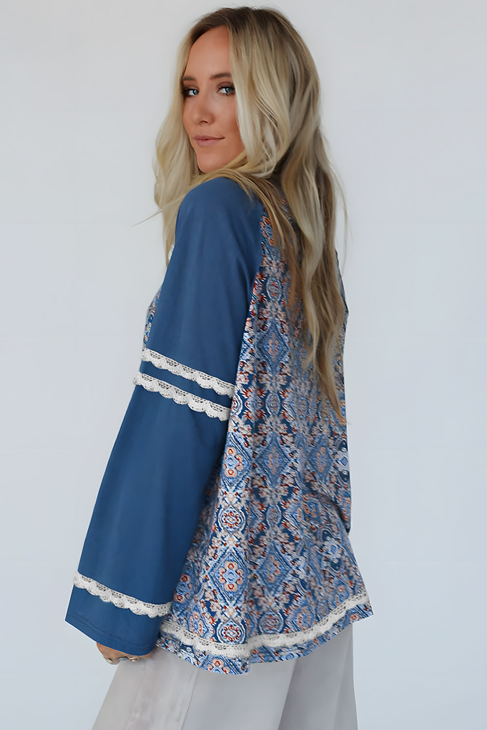 Geometric Print Lace Patchwork Ric Rac Raglan Long Sleeve Top
