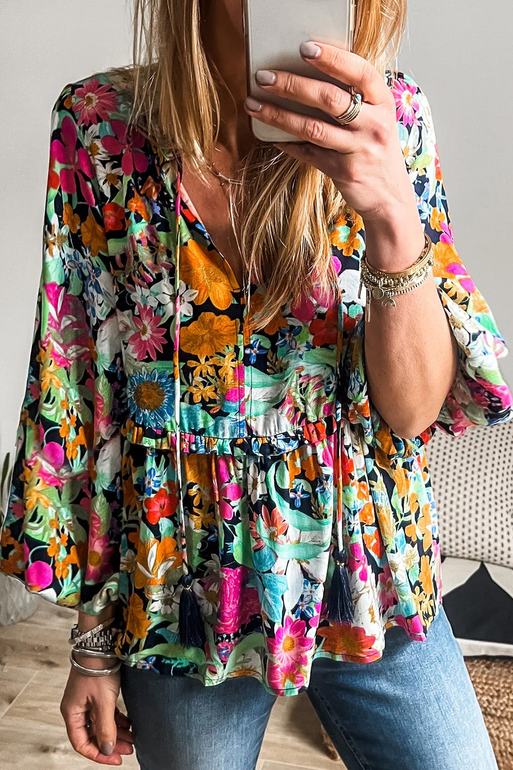 Ruffled V Neck Floral Print Bubble Sleeve Blouse for Women