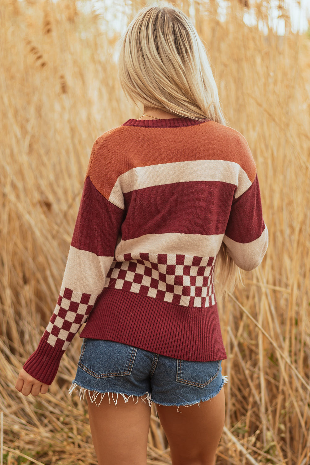 Knitted Checkered Color Block Drop Shoulder Sweater