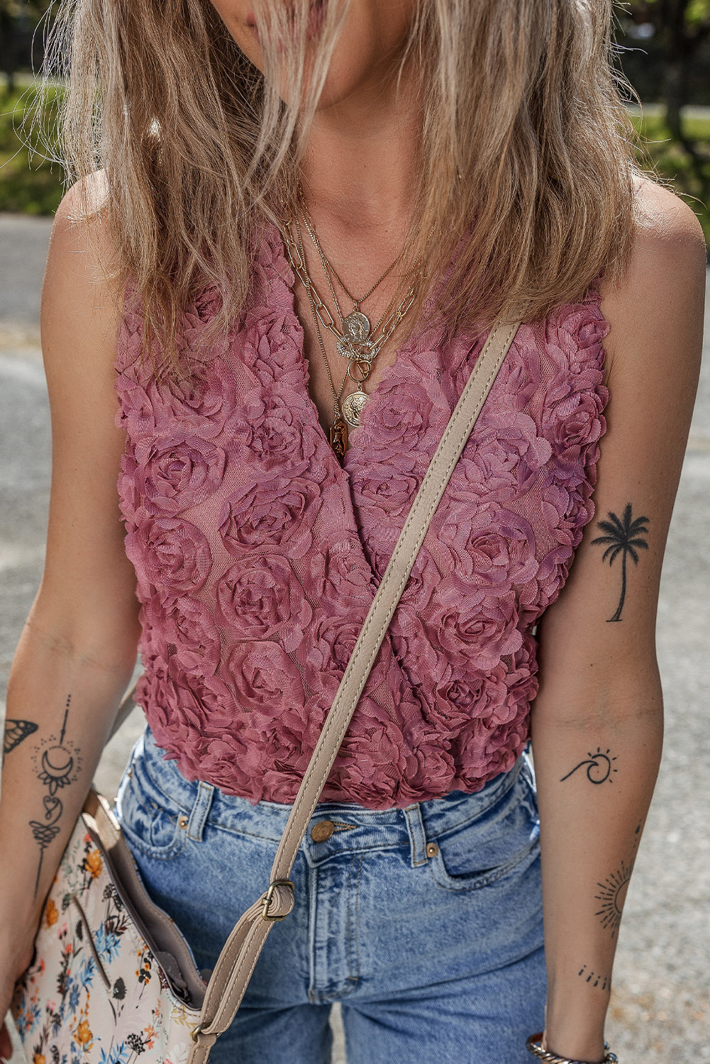 `Floral Textured V Neck Sleeveless Wrap Bodysuit`