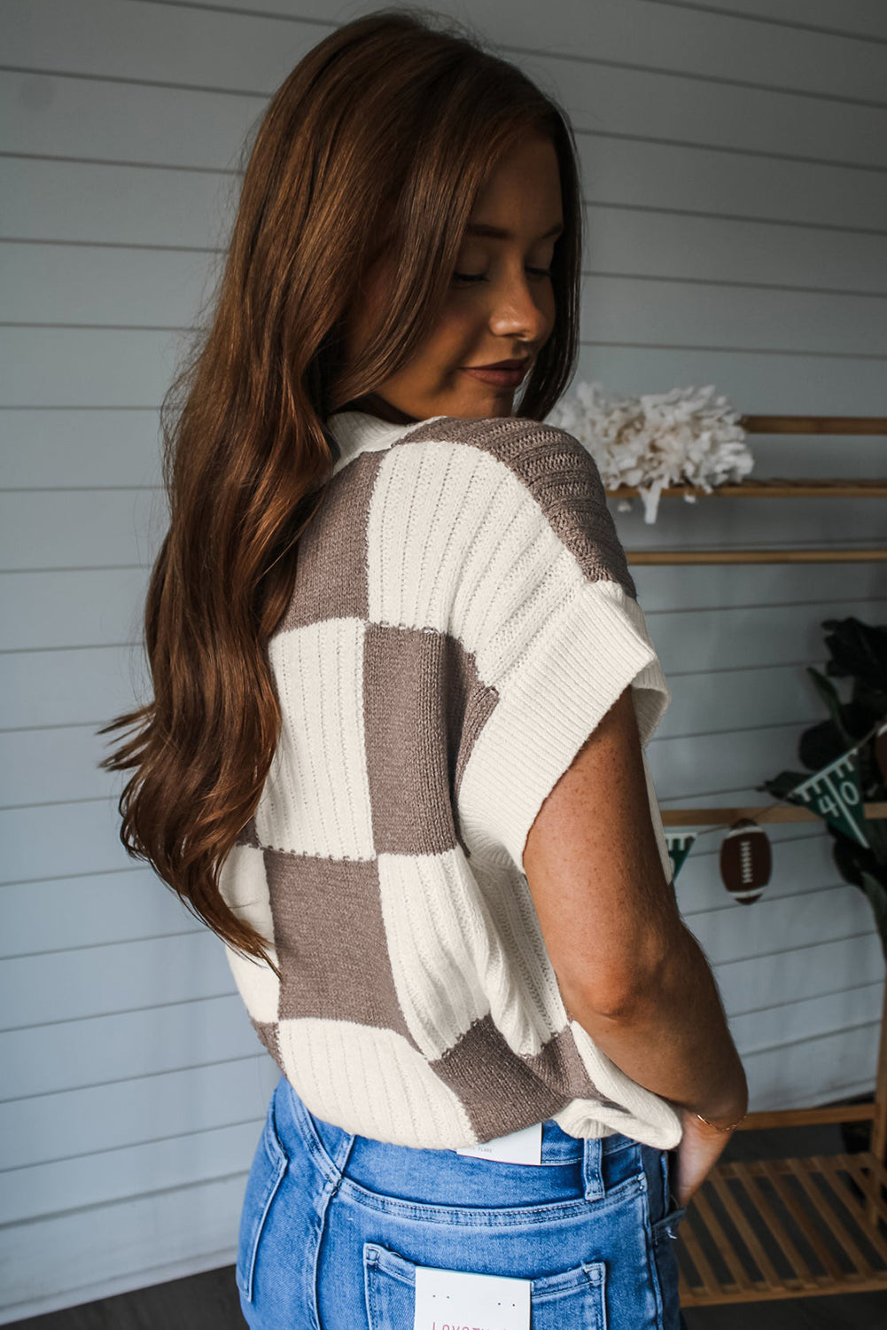 Color Block Checkered Crew Neck Short Sleeve Sweater for Women