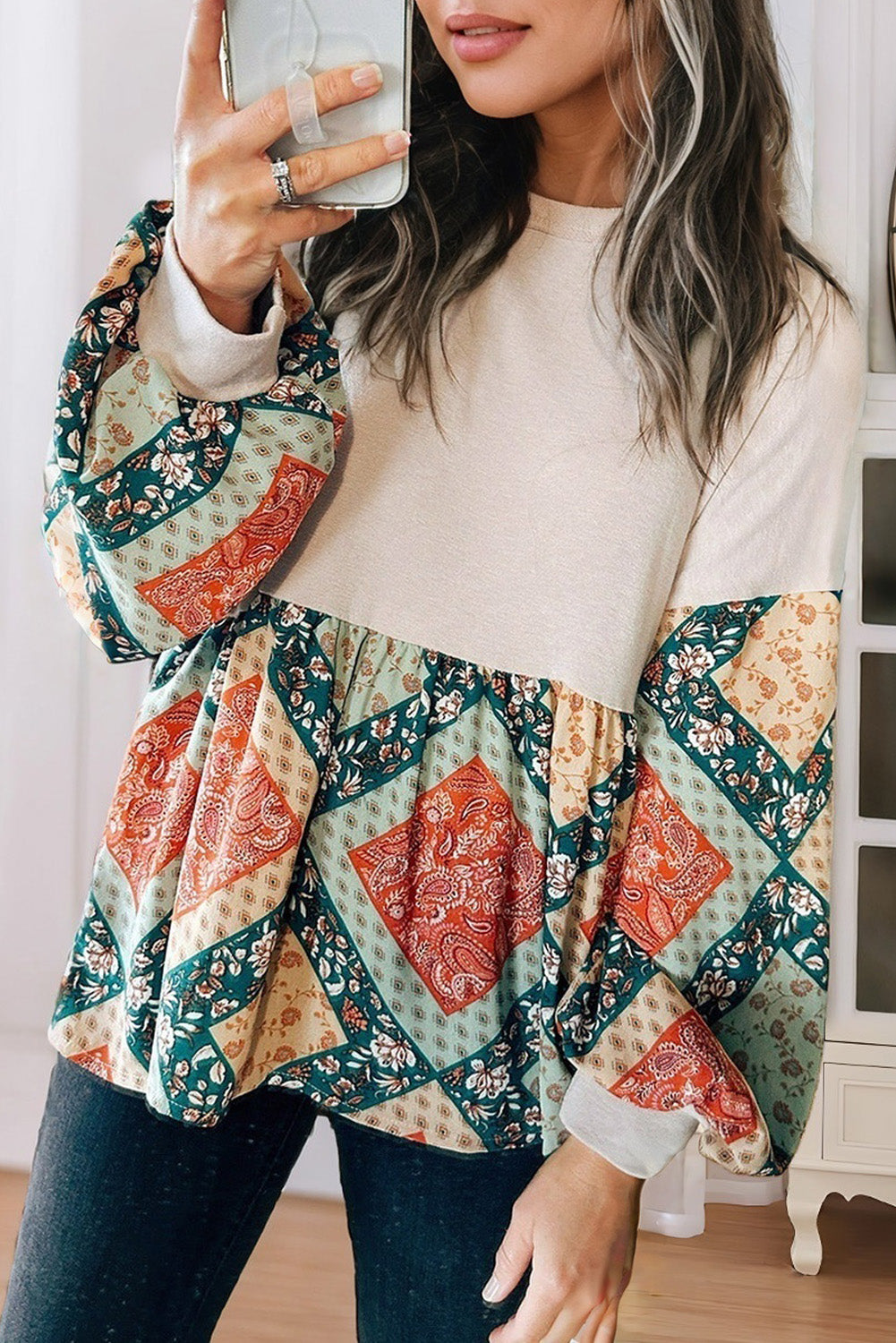 Jet Stream Paisley Geometric Patchwork Crew Neck Loose Fit Women's Top