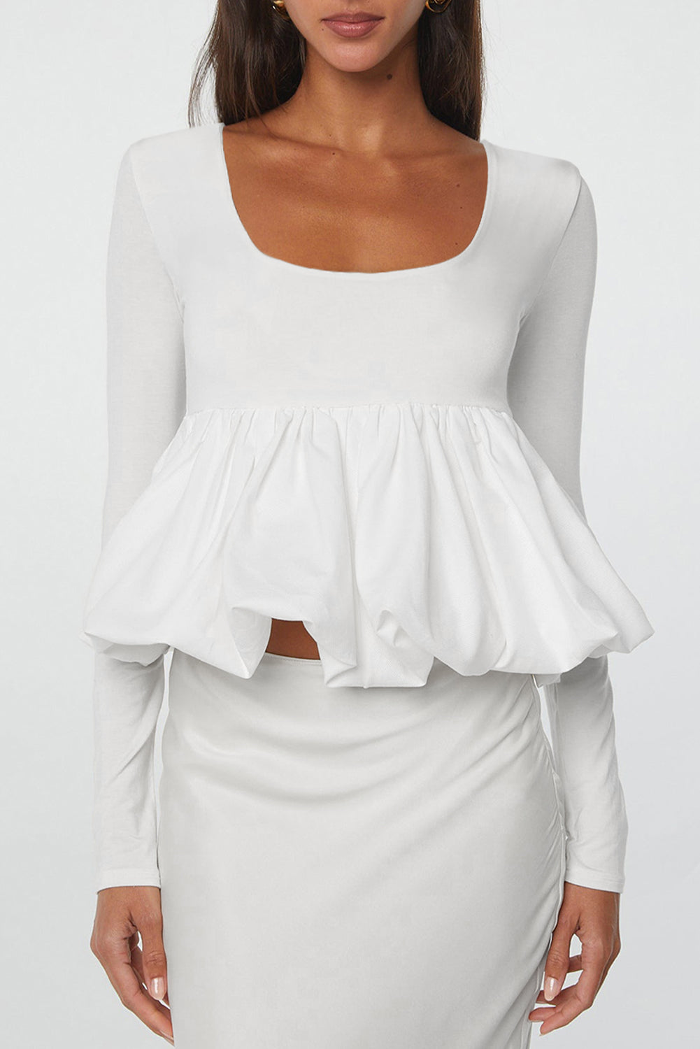 Long Sleeve U Neck Bubble Hem Women's Top