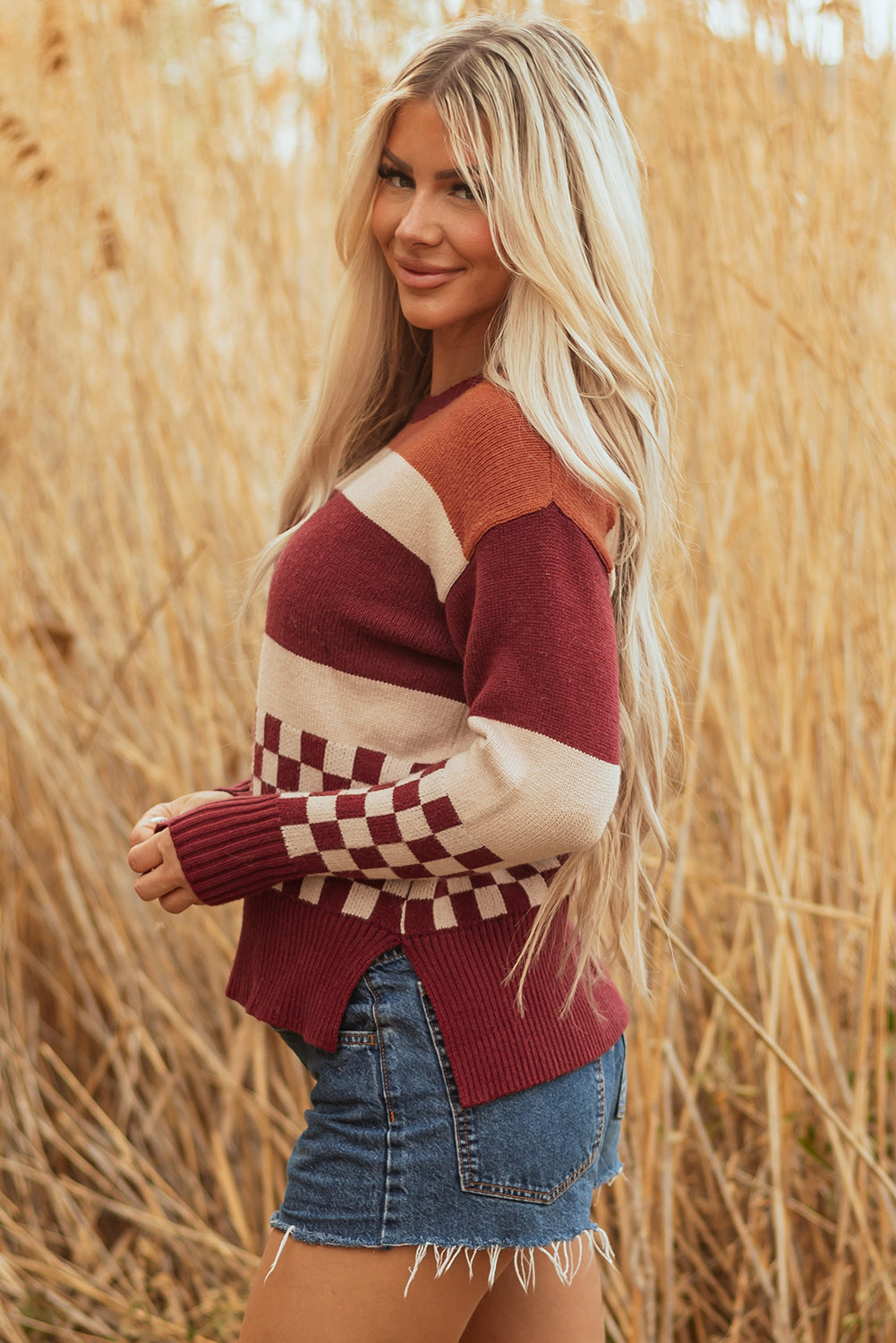Knitted Checkered Color Block Drop Shoulder Sweater