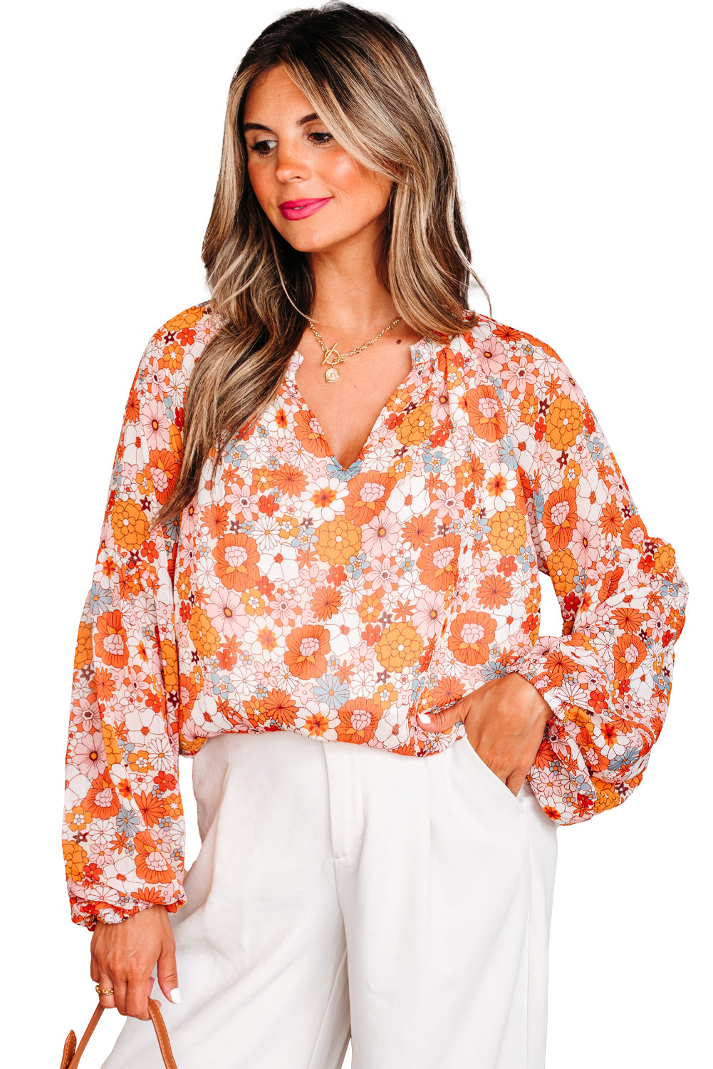 Floral Print V Neck Long Puff Sleeve Blouse for Women
