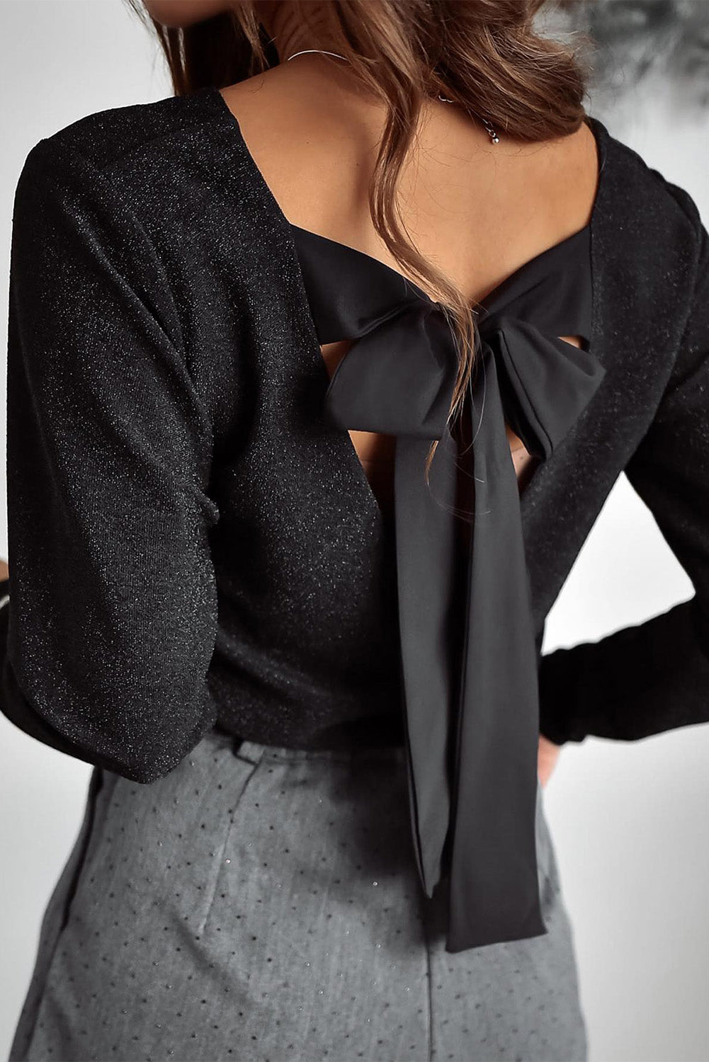 Metallic Bowknot Open Back V Neck Women's Top