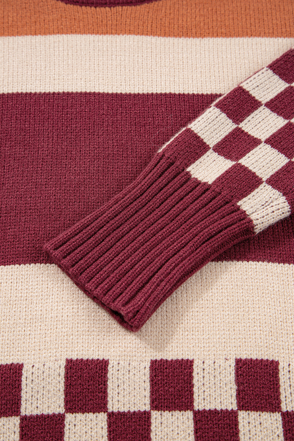 Knitted Checkered Color Block Drop Shoulder Sweater