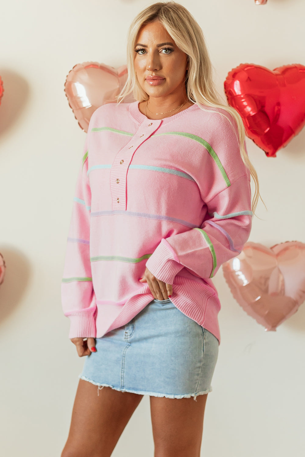 Baggy Henley Sweater with Rainbow Stripes and Drop Shoulder