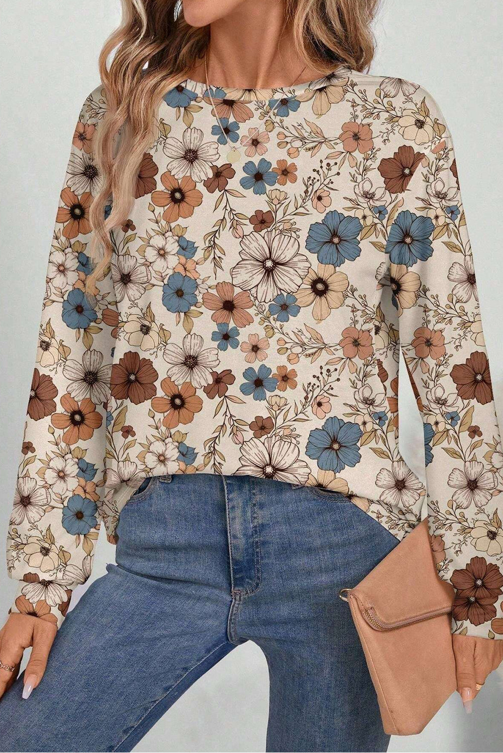 Floral Print Loose Fit Crew Neck Long Sleeve T-Shirt for Women